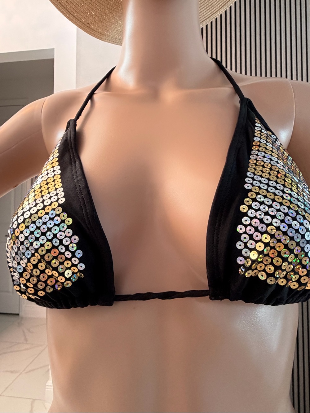 Arizona Jean Company Black Sequin Triangle Bikini Top with Iridescent Accents